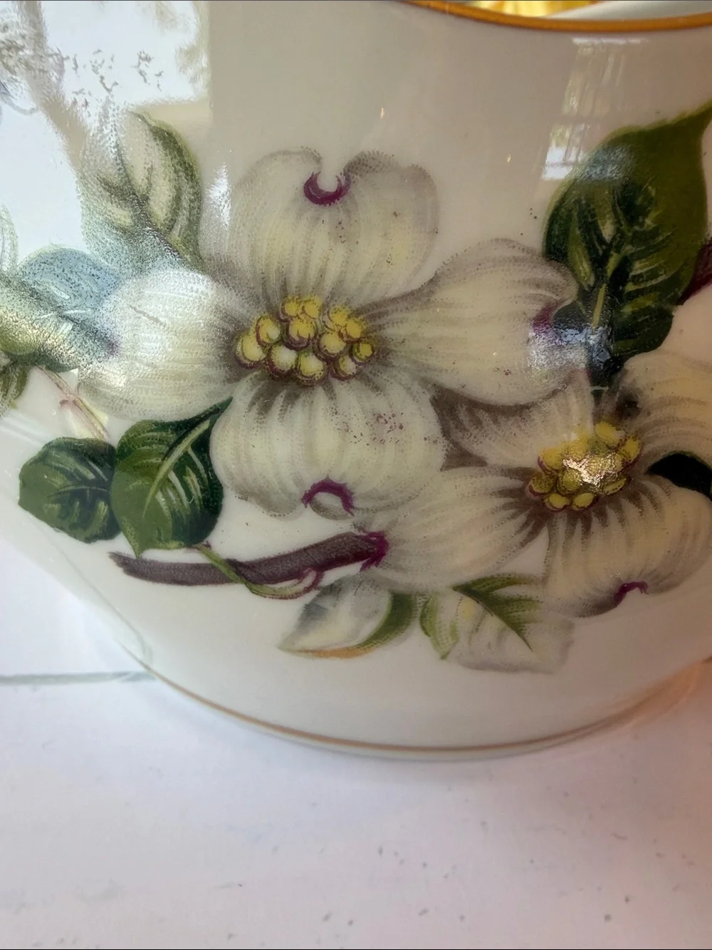 Hand-Painted Floral Porcelain Pitcher with Gold Rim